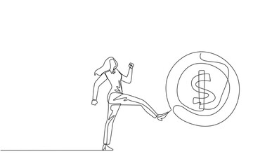 Single continuous line drawing businesswoman kicking big coin with a dollar symbol. Sacrificing small profits to open a new business. Gambling. Open opportunities. One line design vector illustration