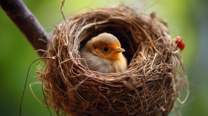 Naklejka na ściany i meble a small bird is sitting in a bird's nest with its head in the center of the bird's nest.