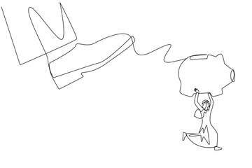 Continuous one line drawing Arabian businessman carrying piggy bank run away from giant foot. Trying to running fast saves capital from major disruption. Single line draw design vector illustration