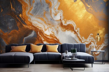 Glowing with elegance, a golden resin geode reveals an abstract marble wallpaper, a luxurious addition for elevating the ambiance of wall decor. - obrazy, fototapety, plakaty