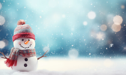 Fototapeta premium Smiling snowman with hat and scarf. Winter bright background with copy space.