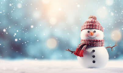 Fototapeta premium Smiling snowman with hat and scarf. Winter bright background with copy space.