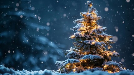 Christmas tree decorated with a layer of snow on a dark blue background