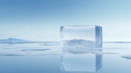  a block of ice sitting in the middle of a body of water with a mountain in the middle of it.