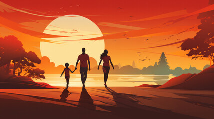 Silhouettes of a family against a dramatic sunset over a tranquil lake celebrate World Health Day. The image is a testament to the beauty of healthy environments and family connections.