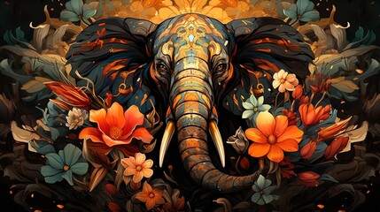 Large Asian elephant in India, with drawings on its head and trunk and striking flowers. - obrazy, fototapety, plakaty