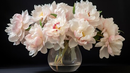  a vase filled with white and pink flowers on a black table top next to a black wall behind a glass vase filled with white and pink peonies.