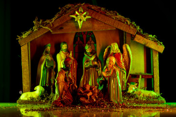 Christmas nativity scene. Christmas creche with Joseph Mary and Jesus. Christmas Manger scene with...