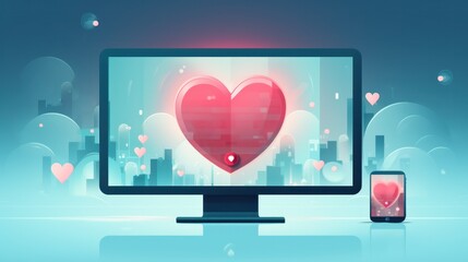 A heart symbol radiates from a monitor and phone, showcasing digital love and connectivity in a cityscape background. An ideal illustration for World Health Day, emphasizing the heart's significance.