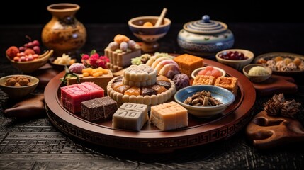  a platter filled with assorted desserts on top of a wooden table next to bowls of fruit and nuts.