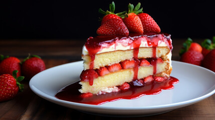 Food, dessert of fruit cheese slice of cake with strawberries an red sauce, dark background