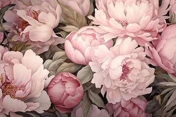 Tender peonies delicately arranged on a blush-toned canvas, creating an intricate floral pattern, ideal for accommodating text.