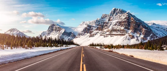 Wall murals Cappuccino Road with Canadian Rocky Mountain Peaks Covered in Snow. Banff
