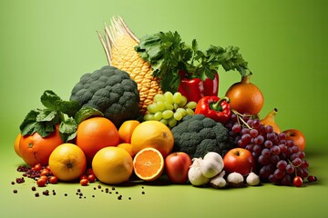 Diverse Fresh Fruits and Vegetables Against Colorful Backgrounds Emphasizing Dietary Variety