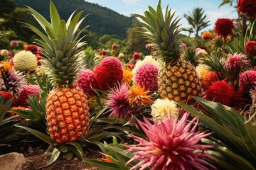 Lush Pineapple Plantation Amidst Tropical Vegetation and Bright Floral Colors