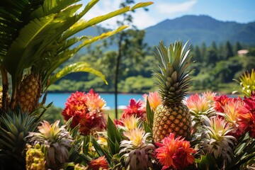 Exotic Pineapple Plantation Amidst Tropical Foliage and Vivid Floral Beauty