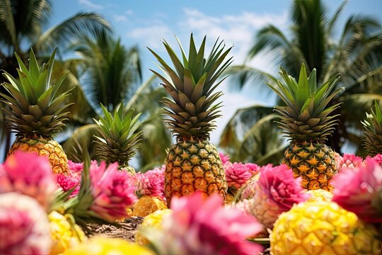 Tropical Pineapple Field Surrounded by Lush Vegetation and Bright Blossoms