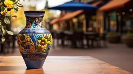  a blue and yellow vase sitting on top of a table next to a vase with yellow flowers inside of it. - obrazy, fototapety, plakaty
