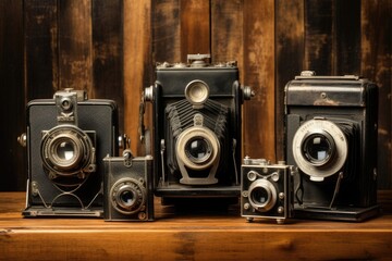 Old Wooden Stand with Assorted Film Cameras for Vintage Aesthetics and Nostalgic Atmosphere - obrazy, fototapety, plakaty