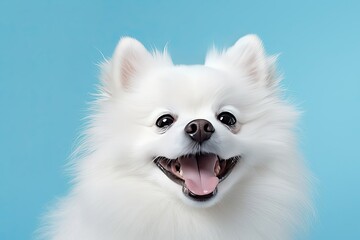 Fototapeta na wymiar Expressive White Spitz Smiling on Light Blue Background Close-Up