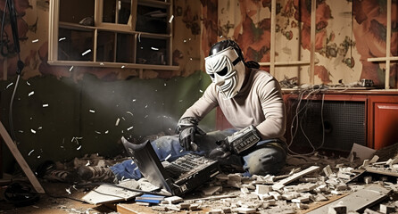 Masked man sitting near smashed laptop in rage room - obrazy, fototapety, plakaty