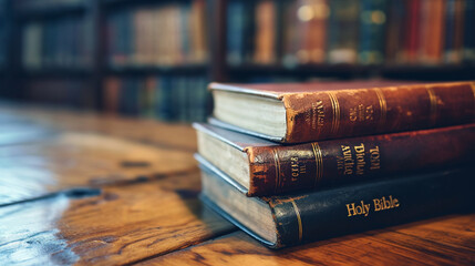 The "Holy Bible" on a library desk with other books in the background, book, blurred background, with copy space
