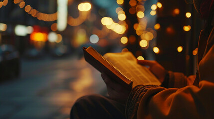 A night shift worker reading the Bible during a break, Bible, blurred background, with copy space