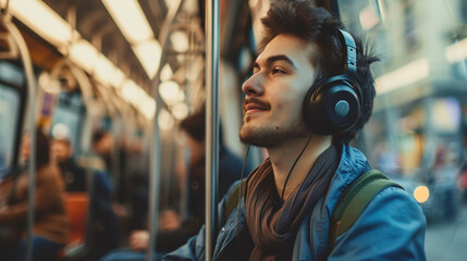 A young man wearing headphones, enjoying music on a light rail, blurred background, with copy space