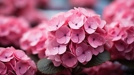  a close up of a bunch of pink flowers with drops of water on the petals and leaves on the petals.