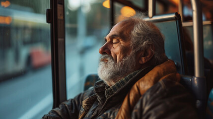 Fototapeta na wymiar A senior man peacefully sleeping on a city bus, blurred background, with copy space