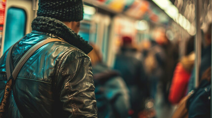 Fototapeta premium A man standing and holding onto a strap in a crowded subway, blurred background, with copy space