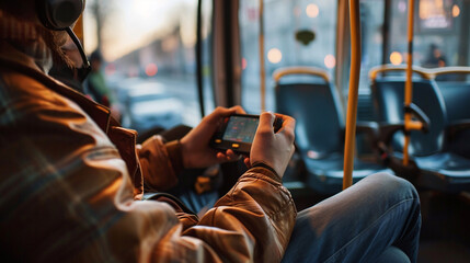 A man in casual wear playing a handheld game on a public bus, blurred background, with copy space