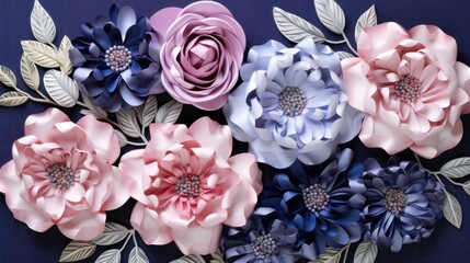  a close up of a bunch of flowers with leaves on a blue background with a pink, blue, and purple color scheme.