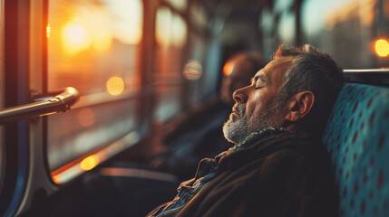 A man taking a quick nap while commuting home on a train, blurred background, with copy space