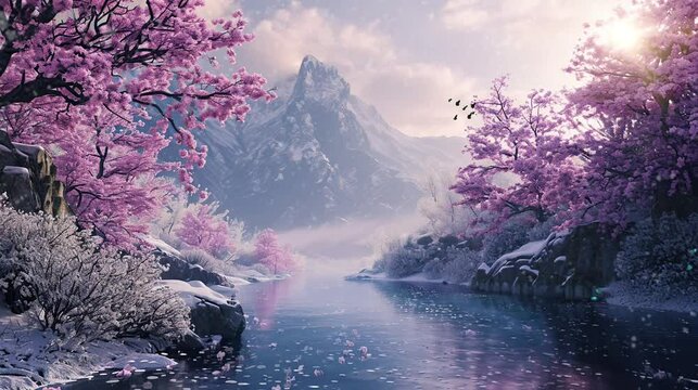 snowy mountain with river and cherry trees. seamless looping time-lapse virtual video Animation Background.