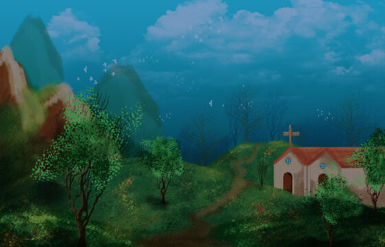 countryside landscape with church digital painting