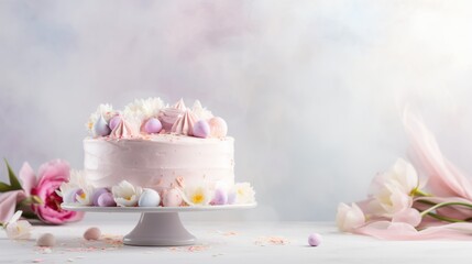  a close up of a cake on a cake plate with flowers in the foreground and a blurry background.