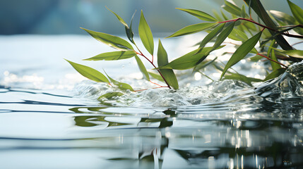 spa background with green bamboo leaf on white  water wave in sunlight, concept with copy space for...