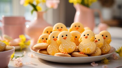 Obraz premium a plate of cookies with little yellow chicks sitting on top of it next to a bowl of yellow flowers and a pink vase with yellow flowers in the background.