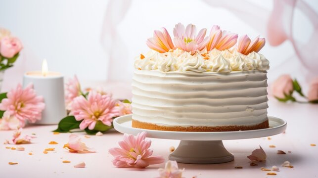  a white frosted cake sitting on top of a white cake plate next to pink flowers and a lit candle.