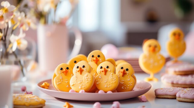  a bunch of little yellow chicks sitting on a pink plate next to a plate of cookies and a glass of milk.
