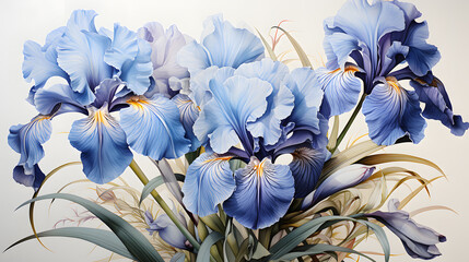 watercolor botanical drawing of a blue iris. Antique faded white background.