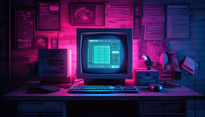 Retro computer monitor with neon lighting
