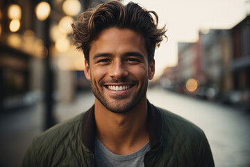 Obraz premium A closeup photo portrait of a handsome man smiling with clean teeth