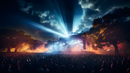 A music festival with a brightly lit stage