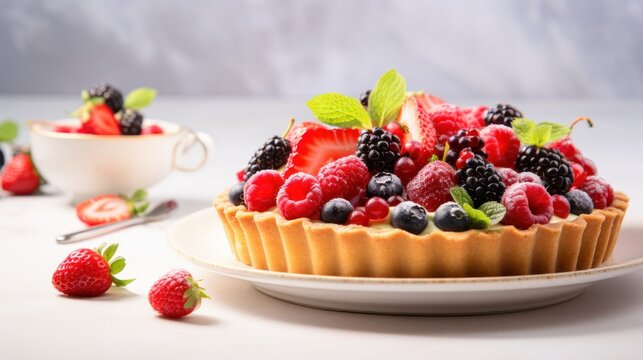 a fruit tart with berries, raspberries, and mint leaves on a plate next to a bowl of strawberries.