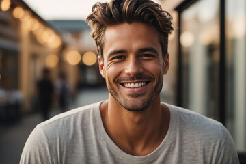 A closeup photo portrait of a handsome man smiling with clean teeth on white background