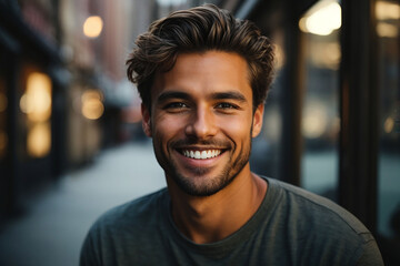 Obraz premium A closeup photo portrait of a handsome man smiling with clean teeth on white background