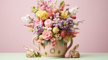  a tea cup filled with lots of flowers and a bunny figurine sitting next to it on a table.
