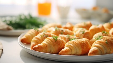  a white plate topped with croissants covered in cheese and garnished with a green garnish.